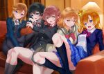  5girls absurdres bangs black_hair black_jacket black_skirt blazer blonde_hair blue_jacket blue_skirt bow bowtie breasts brown_hair fang grey_skirt hair_between_eyes hair_bow hair_ornament hairclip highres jacket kneehighs kousaka_honoka long_hair looking_at_viewer love_live! love_live!_nijigasaki_high_school_idol_club love_live!_school_idol_project love_live!_sunshine!! love_live!_superstar!! medium_breasts medium_hair multiple_girls nanao_(m44132yf) nijigasaki_academy_uniform otonokizaka_school_uniform pantyhose pleated_skirt purple_hair sailor_collar school_uniform serafuku shibuya_kanon shirt short_hair side_ponytail skin_fang skirt small_breasts smile swept_bangs takami_chika takasaki_yuu thighs uehara_ayumu uranohoshi_school_uniform white_shirt yellow_bow yuigaoka_school_uniform 