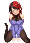  1girl alternate_costume bangs black_hair black_legwear black_sports_bra blue_eyes blue_sweater blush breasts commentary_request demon_girl demon_horns ear_piercing foot_out_of_frame highres horns kasumasu_(tales75) large_breasts long_hair looking_at_viewer multicolored_hair no_shoes off-shoulder_sweater off_shoulder open_mouth pantyhose piercing pointy_ears red_hair ryugasaki_rene simple_background solo sports_bra sugar_lyric sweater two-tone_hair virtual_youtuber white_background 