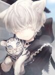  1boy absurdres animal_ears blush bow choker closed_eyes highres male_focus original pale_migi pale_skin ribbon smile stuffed_toy tiger tiger_ears white_hair white_tiger 