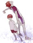  2boys ball bandaged_fingers bandages commentary_request dual_persona full_body haikyuu!! highres holding holding_ball looking_at_viewer male_focus multiple_boys outstretched_arms red_eyes red_hair red_shorts shirt shoes short_sleeves shorts signature simple_background smile sneakers spiked_hair sportswear spread_arms t-shirt tendou_satori volleyball volleyball_uniform yasai_(getsu) younger 