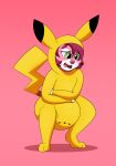  anthro canid canine canis crouching diaper diaper_under_clothing female hi_res imces mammal nintendo pikachu pok&eacute;mon pok&eacute;mon_(species) solo straining video_games wolf 