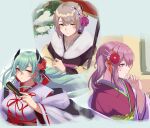  3_small_spiders 3girls absurdres aqua_hair ar-57_(girls&#039;_frontline) arm_up bangs blonde_hair blue_eyes blush closed_mouth earrings eyebrows_visible_through_hair flower fur-trimmed_kimono fur_trim girls&#039;_frontline hair_between_eyes hair_flower hair_ornament hand_fan highres holding holding_fan japanese_clothes jewelry kimono long_hair looking_at_viewer looking_away ltlx_7000_(girls&#039;_frontline) mole mole_on_neck multiple_girls official_alternate_costume pink_hair purple_eyes short_hair simple_background upper_body vector_(girls&#039;_frontline) white_background yellow_eyes 