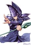  1boy blue_eyes closed_mouth dark_magician duel_monster ebifurya hat highres holding holding_staff male_focus purple_hair purple_headwear serious simple_background solo staff upper_body white_background wizard_hat yu-gi-oh! 