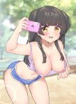  1girl :d areola_slip areolae arm_up bangs bare_arms bare_shoulders black_hair blue_shorts blunt_bangs blurry blurry_background breasts brown_eyes c8oyk camisole cellphone cleavage collarbone crop_top day depth_of_field eyebrows_visible_through_hair groin highres holding holding_phone idolmaster idolmaster_shiny_colors leaning_forward long_hair looking_at_viewer mayuzumi_fuyuko midriff nail_polish navel outdoors phone purple_camisole red_nails selfie short_shorts shorts smile solo strap_slip two_side_up 