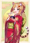  1girl :d absurdres animal_ear_fluff animal_ears blush bowl breasts brown_hair chinese_zodiac chopsticks egasumi eyebrows_visible_through_hair fangs floral_print flower food hair_flower hair_ornament hair_ribbon highres holding holding_bowl holding_chopsticks japanese_clothes kimono long_sleeves medium_breasts mochi multicolored_hair obi original ponytail print_kimono red_flower red_kimono red_ribbon ribbon sash short_eyebrows smile solo streaked_hair tail thick_eyebrows tiger_ears tiger_girl tiger_tail white_hair wide_sleeves yagasuri yatumeshinoa year_of_the_tiger 