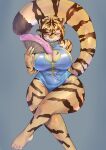  anthro asian_clothing big_breasts breasts chinese_clothing chinese_dress cleavage clothed clothing dress east_asian_clothing fan_(disambiguation) felid female fur hair hi_res huge_breasts looking_at_viewer mammal pantherine solo su1ka thick_thighs tiger 