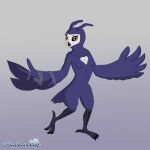  1:1 anthro anthrofied avian beak bird breasts broken_wing chest_tuft digital_media_(artwork) eyelashes feathers featureless_crotch female grey_background hair heart_on_body hi_res ku leaf leaf_ears looking_at_viewer microsoft on_one_leg orange_eyes ori_(series) ori_and_the_will_of_the_wisps owl prosthetic_wing purple_body purple_feathers purple_hair simple_background small_breasts solo standing straps tail_feathers talons tongue tuft white_chest_tuft white_face whitecrocus winged_arms wings 