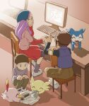  1girl 2boys chair child digimon digimon_(creature) digimon_adventure_02 dress eating eyewear_on_head gdn0522 goggles goggles_on_head hida_iori highres indoors inoue_miyako keyboard_(computer) long_hair monitor motomiya_daisuke mouse_(computer) multiple_boys short_hair shorts squatting 