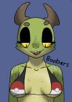  amber_(squablodecomplash) anthro bikini bra breasts clothed clothing digital_media_(artwork) english_text eyelashes facial_markings female green_body head_markings horn horn_markings kobold looking_down markings multicolored_body nintendo open_mouth pok&eacute;mon scalie simple_background smile solo squablodecomplash swimwear teeth text tongue underwear video_games yellow_sclera 