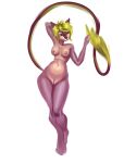  anthro barely_visible_genitalia barely_visible_pussy breasts female female/female genitals green_hair green_tail hair hand_on_leg hand_on_tail hand_on_thigh hi_res nipples nude nuxinara purple_body pussy red_nipples simple_background solo standing tiptoes 