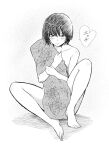  1girl amagami bangs barefoot bed_sheet black_hairband blush bob_cut collarbone commentary covering covering_breasts covering_crotch feet full_body greyscale hairband halftone halftone_background hatching_(texture) heart highres jishaku_(user_rcuz2843) knees_up looking_at_viewer m_legs monochrome naked_sheet nanasaki_ai nude screentones shadow short_hair sitting sketch smile solo speech_bubble spoken_heart spread_legs toes 