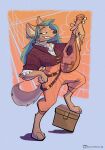 anthro bard blue_hair box clothed clothing container dungeons_and_dragons dyed-hair ear_piercing ear_ring fantasy female frilly frilly_clothing fully_clothed gnoll hair hasbro hi_res highlights_(coloring) hyaenid looking_at_viewer lute mammal mandolin musical_instrument musician piercing plucked_string_instrument simple_background smile smiling_at_viewer solo string_instrument thelivingtrashcan wizards_of_the_coast 