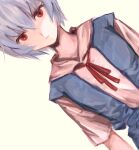  1girl :| ayanami_rei bangs blue_dress blue_hair closed_mouth dress dress_shirt dutch_angle expressionless hair_between_eyes looking_at_viewer melocoton neck_ribbon neon_genesis_evangelion pinafore_dress red_eyes red_neckwear red_ribbon ribbon school_uniform shirt short_hair short_sleeves simple_background solo upper_body white_shirt 