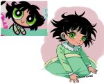  1girl artist_name black_hair blush bright_pupils buttercup_(ppg) buttercup_redraw_challenge derivative_work green_eyes green_pajamas highres long_sleeves looking_at_viewer messy_hair michiyou powerpuff_girls reference_inset screencap_redraw shadow smile solo under_covers white_pupils 