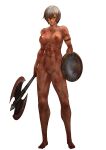  1girl abs absurdres axe battle_axe blood breasts highres kaki_o7o7 medium_breasts muscular muscular_female nipples nude original pixiv pubic_hair solo transparent_background warrior weapon 