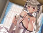  1girl arm_support azur_lane bangs bare_shoulders bent_over between_breasts black_ribbon blurry blurry_background blush breasts cleavage earrings eyebrows_visible_through_hair formidable_(azur_lane) google_(asdek18) hair_ribbon highres indoors jewelry large_breasts long_hair looking_at_viewer open_mouth red_eyes ribbon solo thighhighs twintails two-tone_ribbon underwear underwear_only very_long_hair white_legwear 