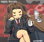  :3 black_jacket black_skirt blush bottle brown_hair business_suit chair closed_eyes coffee_mug crossed_legs cup desk enuma_(uma-festival) formal idolmaster idolmaster_cinderella_girls jacket kusakabe_wakaba long_hair milk_bottle mug necktie office_chair red_necktie shirt sitting skirt skirt_suit smug solo spoon steam sugar_bowl suit thick_eyebrows v-shaped_eyebrows wavy_hair white_shirt 