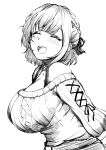  1girl :d ^_^ bare_shoulders between_breasts blush braid breasts choker cleavage closed_eyes facing_viewer french_braid from_side greyscale hat hat_ribbon head_between_breasts hololive huge_breasts jewelry large_breasts monochrome off-shoulder_sweater off_shoulder official_alternate_costume open_mouth pendant ribbed_sweater ribbon shirogane_noel short_hair simple_background sketch smile snowflake_pendant solo sweater upper_body virtual_youtuber white_background yamada_gaeshi 