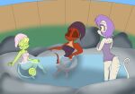  2_toes 3_fingers 3_toes 5_fingers anthro big_breasts big_butt blonde_hair breasts butt camilla_(kendraeevee) deanna_(kendraeevee) eye_markings eyes_closed feet female fingers green_body green_scales group hair hi_res hot_spring kendratheshinyeevee markings outside partially_submerged purple_eyes purple_hair rear_view red_body red_scales relaxing sabrina_(kendraeevee) scales small_breasts toes towel towel_on_head towel_only water wearing_towel wide_hips yellow_sclera 