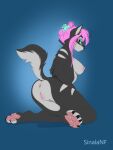  2022 4_toes anthro anus areola black-fur breasts canid canine digital_media_(artwork) feet female genitals hair mammal nipples paws pink_hair pussy sinalanf solo toes 
