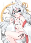  1girl 2022 :o ahoge animal_ear_fluff animal_ears animal_print bangs bikini black_hair blue_eyes blush braid chinese_zodiac commentary_request detached_sleeves eyebrows_visible_through_hair fang grey_hair hair_between_eyes hair_ornament hairclip happy_new_year highres long_sleeves looking_at_viewer minato_yu_(0514) multicolored_hair new_year open_mouth original print_bikini side-tie_bikini solo streaked_hair swimsuit tail tiger_ears tiger_girl tiger_print tiger_tail white_background white_bikini white_sleeves wide_sleeves year_of_the_tiger 