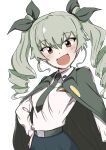  1girl anchovy_(girls_und_panzer) anzio_school_uniform bangs black_cape black_necktie black_ribbon black_skirt brown_eyes cape commentary dress_shirt drill_hair emblem eyebrows_visible_through_hair girls_und_panzer green_hair hair_ribbon hand_on_hip highres long_hair long_sleeves looking_at_viewer necktie open_mouth pleated_skirt ribbon school_uniform shirt simple_background skirt smile solo tessa_(pekopekochan) twin_drills twintails upper_body white_background white_shirt wing_collar 