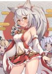  3girls :d ahoge animal_ear_fluff animal_hands armpits ass_visible_through_thighs bai_(granblue_fantasy) bare_shoulders blonde_hair blurry blurry_background blush breasts brown_eyes cidala_(granblue_fantasy) clothing_cutout commentary_request depth_of_field egasumi gloves granblue_fantasy grey_gloves grey_hair highres huang_(granblue_fantasy) long_hair medium_breasts multiple_girls navel navel_cutout paw_gloves pleated_skirt ponytail red_shirt red_skirt sen_(granblue_fantasy) shirt sideboob single_glove skirt sleeveless sleeveless_shirt smile uneg very_long_hair wavy_mouth 