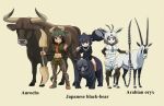  3girls abs animal_ears arabian_oryx_(kemono_friends) aurochs aurochs_(kemono_friends) bear beige_background black_eyes black_footwear black_hair black_legwear black_necktie black_shirt black_sweater bob_cut brown_hair camouflage camouflage_shirt camouflage_skirt clenched_hand closed_mouth commentary_request cow_ears cow_horns creature_and_personification dark-skinned_female dark_skin english_text green_footwear green_shirt green_skirt grin hand_on_hip highres holding holding_weapon horns japanese_black_bear_(kemono_friends) kemono_friends layered_sleeves long_sleeves looking_at_viewer midriff miniskirt multiple_girls namesake navel necktie over_shoulder pantyhose pleated_skirt red_necktie riding shirt shoes short_over_long_sleeves short_sleeves side_slit silver_hair simple_background skirt smile standing sweater weapon white_footwear white_shirt white_skirt yamaguchi_yoshimi 