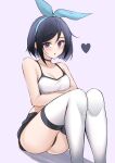  1girl absurdres armpit_crease ass bare_arms bare_shoulders black_choker black_eyes black_hair black_shorts breasts camisole choker crop_top hair_ribbon heart highres knees_up kori_(parfait_ehmy) looking_at_viewer medium_breasts midriff original parfait_ehmy parted_lips purple_background ribbon shirt short_hair short_shorts shorts simple_background sitting sleeveless sleeveless_shirt solo spaghetti_strap thighhighs white_legwear white_shirt 