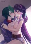  1boy 1girl absurdres ass_grab belt blush breasts brother_and_sister dark_green_hair french_kiss green_eyes green_hair hetero highres incest kiss kurosaki_ruri kurosaki_shun large_breasts multicolored_hair norza purple_eyes purple_hair siblings sitting sitting_on_lap sitting_on_person sweat tongue tongue_out yu-gi-oh! yu-gi-oh!_arc-v 