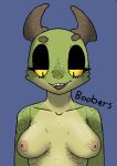  amber_(squablodecomplash) anthro areola breasts digital_media_(artwork) english_text eyelashes facial_markings female green_body head_markings horn horn_markings kobold looking_down markings multicolored_body nintendo nipples nude open_mouth pok&eacute;mon scalie simple_background smile solo squablodecomplash teeth text tongue video_games yellow_sclera 