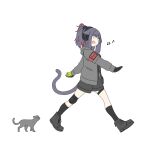  1girl :d animal animal_ears arknights bangs beamed_eighth_notes black_footwear black_gloves black_hair black_legwear black_shorts blunt_bangs boots cat cat_ears cat_girl cat_tail closed_eyes commentary eighth_note english_commentary eyebrows_visible_through_hair gloves green_gloves grey_jacket headphones hood hood_down hooded_jacket jacket jessica_(arknights) kofucchi multicolored_hair musical_note open_clothes open_jacket ponytail red_hair short_shorts shorts simple_background smile socks solo streaked_hair tail walking white_background 