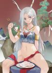  1girl a_deer_of_nine_colors animal_ears arknights armlet bare_shoulders blue_eyes blue_hair bottomless chopsticks commentary_request deer_antlers deer_ears earrings feet_out_of_frame food hand_up highres holding holding_chopsticks huai_chuan jewelry long_hair looking_at_viewer navel necklace nine-colored_deer red_hair shirt silver_hair smile solo standing stomach strapless strapless_shirt thighs very_long_hair 