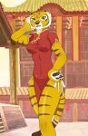  anthro asian_clothing bodily_fluids breasts camel_toe chinese_clothing chinese_dress clothing dreamworks dress east_asian_clothing female hi_res kung_fu_panda looking_at_viewer master_tigress nipple_outline solo sweat tight_clothing tigrsugr 