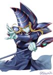  1boy blonde_hair blue_eyes closed_mouth colored_skin dark_magician duel_monster ebifurya green_skin hat highres holding holding_staff male_focus serious simple_background solo staff upper_body white_background wizard_hat yu-gi-oh! 