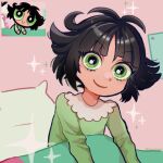  1girl artist_name black_hair buttercup_(ppg) buttercup_redraw_challenge derivative_work eyebrows_visible_through_hair green_eyes green_pajamas highres kobarukoblue long_sleeves looking_at_viewer messy_hair pillow powerpuff_girls reference_inset screencap_redraw solo sparkle under_covers upper_body 
