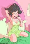  1girl arm_behind_head armpits bangs bed black_hair breasts breasts_apart buttercup_(ppg) buttercup_redraw_challenge derivative_work green_eyes green_nightgown hand_up highres indoors lamp medium_breasts messy_hair nightgown noriont older one_eye_closed pillow powerpuff_girls screencap_redraw solo yawning 
