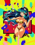  1990s_(style) 1girl animal_print bangs boots breasts cleavage clenched_hand collarbone eyebrows_visible_through_hair green_hair hair_behind_ear highres horns lum medium_breasts navel open_hand pointy_ears potiri02 purple_eyes retro_artstyle smile solo strapless tiger_print tube_top urusei_yatsura 