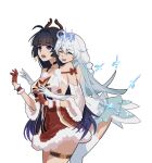  2girls :d :o antlers bangs braid christmas closed_mouth crown dress earrings elbow_gloves fake_horns gloves headband highres honkai_(series) honkai_impact_3rd horns hug hug_from_behind jewelry kiana_kaslana kiana_kaslana_(divine_prayer) long_hair multiple_girls open_mouth purple_eyes purple_hair raiden_mei red_dress red_gloves simple_background sleeveless sleeveless_dress smile thighhighs twin_braids white_background white_dress white_hair white_legwear white_sleeves xiaoji_k 