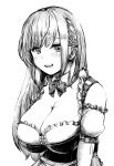  1girl blush bodice bow bowtie breasts cleavage detached_collar dirndl flower german_clothes greyscale hair_flower hair_ornament hololive large_breasts long_hair mole mole_on_breast monochrome official_alternate_costume open_mouth shirogane_noel simple_background sketch smile solo straight_hair upper_body virtual_youtuber white_background wing_collar yamada_gaeshi 