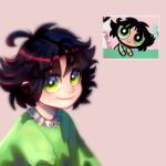  1girl black_hair bright_pupils buttercup_(ppg) buttercup_redraw_challenge derivative_work green_eyes green_pajamas highres looking_at_viewer messy_hair nebannielyn pink_background powerpuff_girls reference_inset screencap_redraw shadow simple_background smile solo upper_body white_pupils 