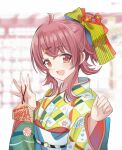  bangs blurry blurry_background blush bow checkered_clothes checkered_kimono ema eyebrows_visible_through_hair flower hair_between_eyes hair_bow hair_flower hair_ornament hairclip idolmaster idolmaster_shiny_colors japanese_clothes kevn kimono komiya_kaho looking_at_viewer multicolored_clothes obi ponytail red_eyes red_hair sash smile solo upper_body yukata 