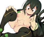  1girl absurdres asui_tsuyu black_hair black_legwear boku_no_hero_academia breasts closed_mouth collarbone commentary english_commentary gloves hair_between_eyes highres index_finger_raised large_breasts long_hair navel nipples nude pussy simple_background sitting slugbox solo sweat thighhighs uncensored white_background white_gloves 