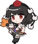  1girl black_boots black_bow black_bowtie black_hair black_skirt black_wings blush boots bow bowtie chibi chibi_only closed_mouth collared_shirt feathered_wings frilled_skirt frills full_body geta hand_fan hat hauchiwa holding holding_fan holding_pen looking_at_viewer mirei_(miirei) pen pom_pom_(clothes) red_eyes red_hat shameimaru_aya shirt short_hair short_sleeves simple_background skirt socks solo standing tengu-geta touhou transparent_background white_shirt white_socks wings 