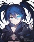  1girl bikini bikini_top_only black_bikini black_choker black_gloves black_hair black_rock_shooter black_rock_shooter_(character) blue_eyes breasts choker commentary double-parted_bangs flaming_eye gloves glowing glowing_eye hair_between_eyes highres hood hood_down jacket long_hair long_hair_between_eyes looking_at_viewer miviy19 open_clothes open_jacket simple_background small_breasts solo sparkle swimsuit twintails uneven_twintails upper_body watermark white_background zipper_pull_tab 
