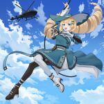  1girl absurdres aircraft black_pantyhose black_shoes blonde_hair blue_skirt cloud commentary dress drill_hair gloves green_eyes gwi-jok-hee_(jururu) hair_ribbon hat helicopter highres holding holding_rope isegye_idol korean_commentary long_hair multicolored_hat multicolored_skirt open_mouth pantyhose rething ribbon rope shoes skirt sky smile solo virtual_youtuber waktaverse white_gloves white_pantyhose white_shoes white_skirt 