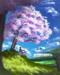 1girl absurdres blue_sky blurry blurry_foreground cherry_blossoms day drag-on_dragoon drag-on_dragoon_3 dragon field floating_hair flying grass highres k0himizu landscape long_hair mikhail_(drag-on_dragoon) on_ground outdoors sky tree white_hair zero_(drag-on_dragoon) 