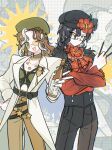  1boy 1girl :< absurdres alcohol ascot belt beret between_fingers black-framed_eyewear black_belt black_hair black_hat black_pants bottle breasts brown_hair bug buttons chinese_commentary choker cleavage coat commentary_request cowboy_shot crossed_arms demi_bourbon drink edgar_valden edgar_valden_(multicolor_printing) flower frilled_shirt_collar frills fur_trim glasses green-tinted_eyewear green_choker green_hat green_nails green_pants green_shirt hair_between_eyes hand_on_own_hip hand_up hat hibiscus highres holding holding_bottle holding_with_gesture identity_v jewelry lixiao62108 long_sleeves medium_hair mole mole_above_mouth mole_on_breast multicolored_hair navel necklace official_alternate_costume one_eye_closed open_clothes open_coat open_mouth paintbrush pants red_ascot red_shirt round_eyewear semi-rimless_eyewear shirt small_breasts spider star_(symbol) star_necklace streaked_hair tinted_eyewear two-tone_hair v white_coat white_streaks yellow-framed_eyewear yellow-tinted_eyewear zoom_layer 