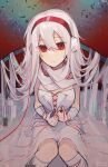  1girl absurdres arcaea artist_name bandaged_arm bandaged_leg bandages bare_shoulders commentary cross-laced_clothes cross-laced_dress dated doro-c dress hair_between_eyes hardcore_tano-c headphones highres long_hair looking_at_viewer red_eyes said3037620671 scarf signature solo very_long_hair white_dress white_hair white_scarf 