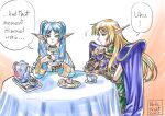  2girls armor artist_name biscuit_(bread) blade_of_fury blonde_hair blue_armor blue_cape breastplate cape capelet circlet commentary_request crossover cup cupcake dated deedlit earrings elf english_text food frieren green_eyes green_tunic holding holding_cup holding_saucer jewelry lips long_hair long_sleeves looking_at_cup looking_at_viewer multiple_girls pauldrons pointy_ears record_of_lodoss_war saucer shirt shoulder_armor sousou_no_frieren speech_bubble striped_clothes striped_shirt table tablecloth teacup teapot tongs tunic white_capelet white_hair yellow_trim 